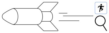 Roket ileri doğru uçuyor, hareket çizgileri hız, hareket için koşan figür odaklama veya analiz için büyütme camı öneriyor. Yenilik, teknoloji, ilerleme, keşif, performans için ideal