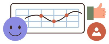 İş başarısı, analitik, tatmin, performans takibi, müşteri geribildirimi, kullanıcı deneyimi. Moda çizgisi olan grafikler, mutlu yüz başparmakları ve kişi simgesi. Analitik ve tatmin kavramı