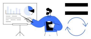 Pasta grafiği ve bar grafiğiyle veri tablosuna bakan adam. Eşit işaret ve döngü okları denge ve yineleme olduğunu gösteriyor. Takım çalışması, analiz, eşitlik, proje, eğitim ve iş için ideal