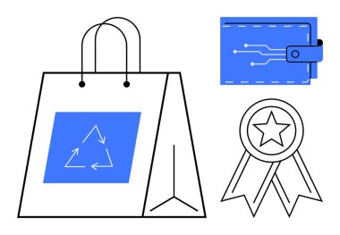Sürdürülebilirlik, dijital ödemeler, eko-ticaret, ödüller, çevre, alışveriş eğilimleri. İçinde geri dönüşüm sembolü olan bir alışveriş çantası, dijital cüzdan ödülü kurdelesi. Sürdürülebilirlik ve dijital ödeme kavramı