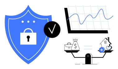 Veri güvenliği kavramı. Kilit korumalı bir kalkan. Finansal denge skalası ve analitik çizelgesini içerir. Veri güvenliği, finans yönetimi ve risk azaltma. Fintech ve yatırım için mükemmel