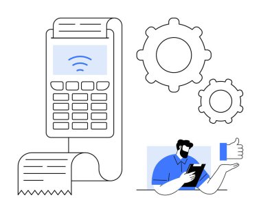 Temassız ödemeler, ticari operasyonlar, teknoloji iş akışı, fatura işleme, dijital işlemler, e-ticaret. Ödeme terminali, makbuz ve tablet kullanıcısı. Temassız ödemeler