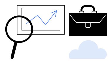İş stratejisi, büyüme analizi, finansal başarı, veri güvenliği, bulut hizmetleri, profesyonel araçlar. Büyüteç, yukarı doğru grafik çantası ve bulut simgesi. İş stratejisi ve büyüme