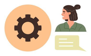 İletişim, teknoloji entegrasyonu, takım çalışması, iş akışı otomasyonu, problem çözme, kullanıcı etkileşimi. Bir kadın konuşma balonuna ve vites simgesine yan bakıyor. İletişim ve teknoloji