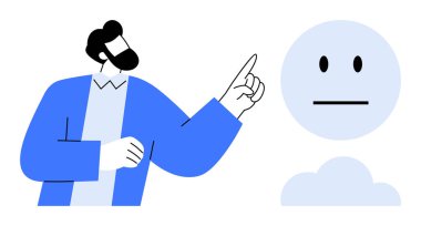 İletişim, duygusal ifade, karar verme, iş stratejileri, insan ilişkileri, yönetim. Mavi giysili bir adam bulutların üzerinde nötr bir yüze doğru hareket eder. İletişim