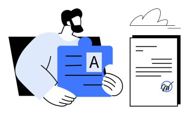 Kimlik doğrulama, belge doğrulama, dijital imza, güven, sözleşme onayı, veri güvenliği. Yapboz parçası ve belgesi olan adam. Kimlik doğrulama ve belge doğrulaması