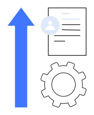 Kariyer büyümesi, kullanıcı yolculuğu, süreç yönetimi, kişisel gelişim, iş akışı, iş ilerlemesi. Mavi yukarı doğru ok, kullanıcı simgesi teçhizat sembollü belge. Kariyer büyümesi ve süreç yönetimi