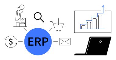 Girişim planlaması, iş sistemleri, veri entegrasyonu, imalat, analitik, dijital iletişim. Merkezdeki ERP fabrikaya bağlı, dolar işaretli alışveriş arabası ve analitik. İş dünyası