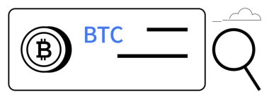 Bitcoin simgesi, BTC metin, yer tutucu olarak yatay çizgiler, büyüteç ve bulut. Kripto para birimi, engelleme zinciri, arama finans finans teknolojisi için ideal. Basit düz