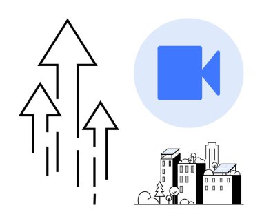 Sürdürülebilir büyüme, yenilenebilir enerji, dijital iletişim, çevre dostu yenilik, video konferansı, teknoloji entegrasyonu. Oklar büyüyor, binalar sürdürülebilirliği gösteriyor, mavi video simgesi