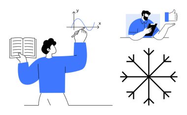 Öğrenme, dijital eğitim, iletişim, veri, teknoloji, mevsimsel kavramlar. Okuma ve çizim grafiği, kullanıcının bir video çağrısına onay vermesi ve bir kar tanesi sembolü. Eğitim