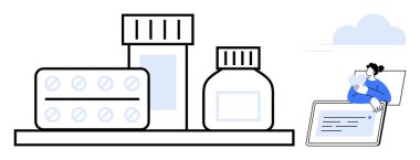 İlaç yönetimi konsepti. İlaç şişeleri ve haplar eczane hizmetleri ve online sağlık danışmanlığı. Hastaları dijital sağlık çözümlerine bağlayan ilaçlar. teletıp, eczane