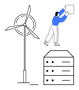 Yenilenebilir enerji kavramı. Yenilenebilir enerji rüzgar türbini, çalışan teknisyen ve sunucu ile gösteriliyor. Sürdürülebilirlik, teknoloji, çevre ve temiz enerji için yenilenebilir enerji çözümleri