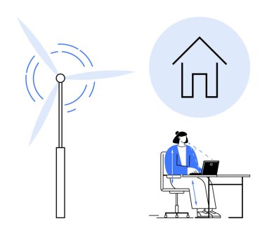 Temiz bir rüzgar türbini ve uzak çalışma sahnesiyle yenilenebilir enerji vurgulandı. Yenilenebilir enerji, çevre dostu çalışma ortamlarını ve sürdürülebilir yaşamı teşvik eder. Yeşil teknoloji için, sürdürülebilirlik