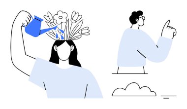 Zihinsel gelişim konsepti. Çiçek yetiştiren kişinin zihinsel gelişimi sembolik bir kendini geliştirme olarak görülür. Eğitim, terapi, motivasyon ve yaşam koçluğu için zihinsel büyüme ve farkındalık