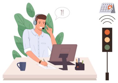 Müşteri hizmetleri, uzaktan çalışma, iş akışı yönetimi, iletişim, zaman yönetimi, teknik destek. Masasında kulaklık, konuşma balonu takvimi ve trafik sinyali olan bir adam. Müşteri hizmetleri