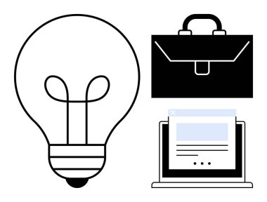 İş fikirleri, profesyonel büyüme, yenilikçi düşünce, modern iş araçları, kurumsal strateji, işyeri verimliliği. Ampul, çanta ve laptop. İş fikirleri ve mesleki büyüme