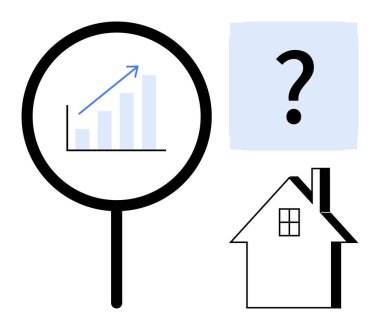 Emlak eğilimleri, veri analizleri, yatırım kararları, konut piyasası değerlendirmesi, mülkiyet araştırması, mali değerlendirme. Grafikte büyüteç, ev ikonu soru işareti. Emlak eğilimleri