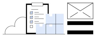 Panodaki kontrol listesi, istiflenmiş kutular ve planlama, sevkiyat ve iletişimi gösteren zarf. Lojistik, dağıtım, iş akışı, üretim organizasyonu tedarik zinciri için ideal