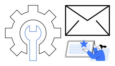 Teknoloji, iletişim, dijital bakım, çevrimiçi hizmetler, bağlantı, kullanıcı arayüzü. İngiliz anahtarı, e-posta ve tabletli kişi. Teknoloji ve iletişim konsepti