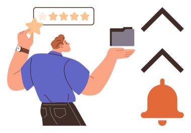 Kullanıcı bağlantısı, geri bildirim değerlendirmeleri, dosya organizasyonu, bildirim yönetimi, verimlilik araçları, dijital iletişim. Bir yıldız tutan ve ilgili simgelerden oluşan bir dosya tutan kişi. Kullanıcı bağlantısı