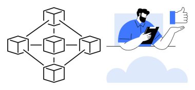 Engelleme zinciri, teknoloji, dijital onay, kullanıcı etkileşimi, bulut depolama, veri değişimi. Bağlı bloklar ağı, tablet ve başparmak işareti kullanan adam. Engelleme zinciri ve teknoloji kavramı