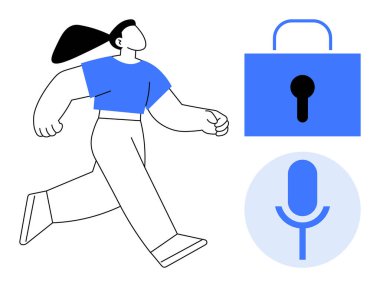 Veri gizliliği, siber güvenlik, ses güvenliği, erişim kontrolü, çevrimiçi koruma, dijital iletişim. Bir asma kilit ve mikrofon simgesinin yanında yürüyen biri. Veri gizliliği ve siber güvenlik