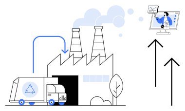 Tedarik zinciri konsepti. Geri dönüşüm kamyonu, çevre bilinci olan fabrika ve dijital teknoloji tedarik zinciri. Lojistik, sürdürülebilirlik, teknoloji ve endüstriler için tedarik zinciri yeniliği. sürdürülebilirlik