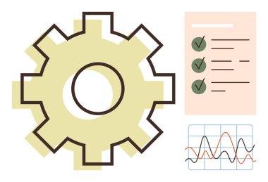 İş akışı yönetimi, verimlilik, performans optimizasyonu, süreç analizi, görev verimliliği, veri değerlendirmesi. Vites, kontrol listesi ve grafik sembolleri. Çalışma akışı yönetimi ve üretkenlik kavramları