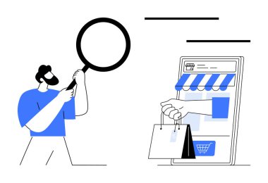 Çevrimiçi alışveriş platformunun yanında vitrin ve teslimat torbalarıyla büyüteç tutan kişi. E-ticaret, pazarlama, ürün araması, dijital analiz, çevrimiçi perakende, tüketici davranışı için ideal