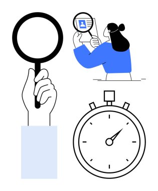 Kimlik doğrulaması. Büyüteç, kronometre ve elinde büyüteçle kimlik doğrulama işlemlerini inceleyen kişi. Güvenlik, şirket ve teknoloji için ideal.