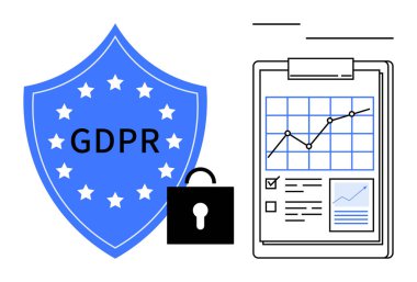 Veri koruması, GDPR uyumu, veri gizliliği, siber güvenlik, analitik raporlama, güvenlik sistemleri. Yıldızlı kalkan, kilitlen ve panoya bir grafik koy. Veri gizliliği ve GDPR uyum fikri