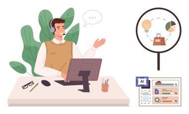 Müşteri hizmetleri, e-ticaret, online alışveriş, iletişim, uzaktan destek, dijital aletler. E-ticaret simgeleri dururken masa başında el kol hareketi yapan bir kişi. Müşteri hizmetleri ve e-ticaret