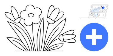 Sağlık, sağlık, veri analizi, tıbbi teknoloji, çiçek, büyüme. Siyah çizgili çiçekler, analitik grafikleri gösteren mavi tıbbi haç dizüstü bilgisayar. Sağlık ve refah kavramı