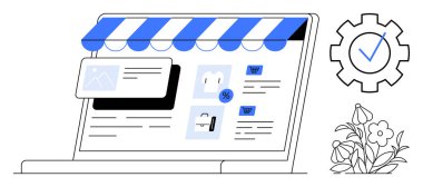 E-ticaret, online alışveriş, dijital iş, perakende satış teknolojisi, web sitesi arayüzü, ürün sergisi. Bilgisayarda ürünler ve mağaza önü ile çevrimiçi mağaza arayüzü görünüyor. E-ticaret ve online