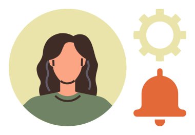 Kullanıcı profili, bildirimler, ayarlar, kişiselleştirme, iletişim, arayüz tasarımı. Bir dişli ve çan ikonunun yanında dişi bir avatar. Dijital arayüzler için bildirim ve ayarlar kavramı