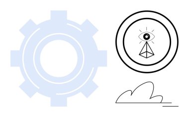 Teknoloji, vizyon, yenilik, gelecek, mekanik, sembolizm. Geometrik şekildeki bir göz dişlinin yanında. Modern ve sembolik bir tasarıma sahip teknoloji ve vizyon kavramı