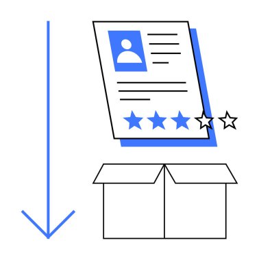 Aşağıya bakan ok, profil kağıdına işaret ediyor, kutunun üstündeki yıldız notuyla, reytingleri, seçimi, sevkiyatı veya teslimatı sembolize ediyor. İşe alım, değerlendirme, geri bildirim, ambalaj derecesi için ideal