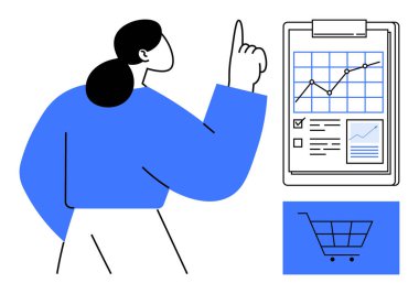 İş planlaması, veri analizi, çevrimiçi alışveriş, piyasa görüşleri, e-ticaret stratejileri, karar verme mekanizmaları. Analiz çizelgesini ve araba ikonunu gösteren bir kadın. Veri analizi ve iş planlaması