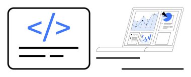 Teknoloji, veri analizi, kodlama, web geliştirme, bilişim çözümleri, programlama. Analitik gösterge panelinin yanındaki kod sembolü. Teknoloji ve veri analizi
