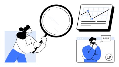 Büyüteç tutan kadın veri içgörülerini inceliyor. Büyüme eğiliminde grafiği, düşünen adamla görüntülü konuşmayı içerir. Analiz, takım çalışması, araştırma, problem çözme, strateji için ideal
