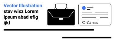 İş araçları, sosyal medya, dijital iletişim, kariyer, organizasyon, analitik. Sosyal medya görüntüsünün yanında siyah evrak çantası simgesi. İş araçları ve sosyal medya