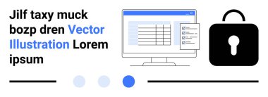 Güvenliği simgeleyen bir kilit simgesinin yanında veri tablosu ve kontrol listesi gösteren bilgisayar ekranı. Siber güvenlik, gizlilik, veri koruması, bilişim hizmetleri, çevrimiçi güvenlik, dijital politikalar için ideal
