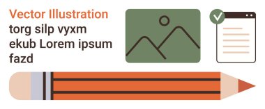 Graphic design, content creation, learning tools, document review, writing, creativity. Includes a pencil, a green picture placeholder and a checklist icon. Graphic design and content creation