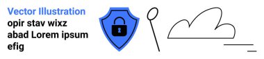 Çevrimiçi gizlilik, bulut depolama, veri koruması, siber güvenlik, internet güvenliği, güvenli erişim. Kilitli mavi kalkan, bulut ve çizgi sanat unsurları. Siber güvenlik ve veri koruma kavramı