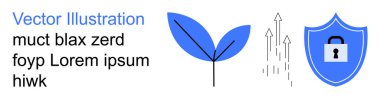 Çevrimiçi güvenlik, çevre dostu büyüme, teknoloji gelişimi, dijital koruma, çevresel bakım, yenilik. Kilitli bir kalkan, yaprak ve yukarı doğru oklar. Çevrimiçi güvenlik ve çevre dostu büyüme