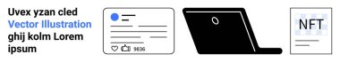 Sosyal medya, teknoloji, NFT 'ler, dijital mülkiyet, engelleme zinciri, çevrimiçi doğrulama. Profil arayüzü, dizüstü bilgisayar ve NFT belge illüstrasyonu. Sosyal medya ve teknoloji kavramı