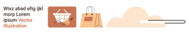 E-ticaret, online alışveriş, bulut depolama, perakende alım satım, dijital işlemler, teslimat hizmetleri. Alışveriş arabası, yükleme barlı kağıt torba bulutu. E-ticaret ve online alışveriş kavramı