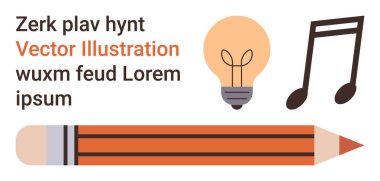 Yaratıcılık, eğitim, tasarım, sanat, müzik ve yenilik için bir illüstrasyon. Beyaz arka planda bir ampul, bir nota ve bir kalem var. Yaratıcılık ve eğitim kavramı