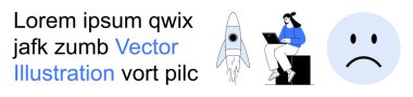 Teknoloji, başlangıç fikirleri, yenilik, duygular, proje başlatma, verimlilik. Roketin yanında dizüstü bilgisayarda çalışan bir kadın ve üzgün bir yüz. Teknoloji ve başlangıç fikirleri kavramı